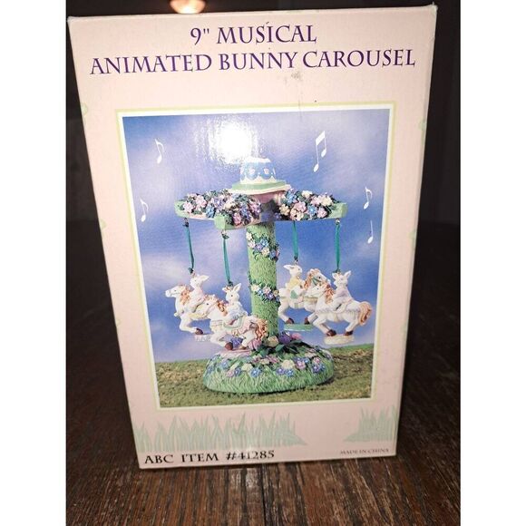 New Vintage 9" Musical Animated Rabbit Easter Bunny Carousel Figurine Music Box - Picture 1 of 8